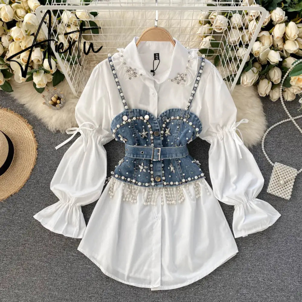 Spring New Blouse Women's Diamond Beaded Puff Sleeve Blusa Top Tassel Pearl Sling Waistcoat Two-piece Stacking Shirt C813 Aiertu