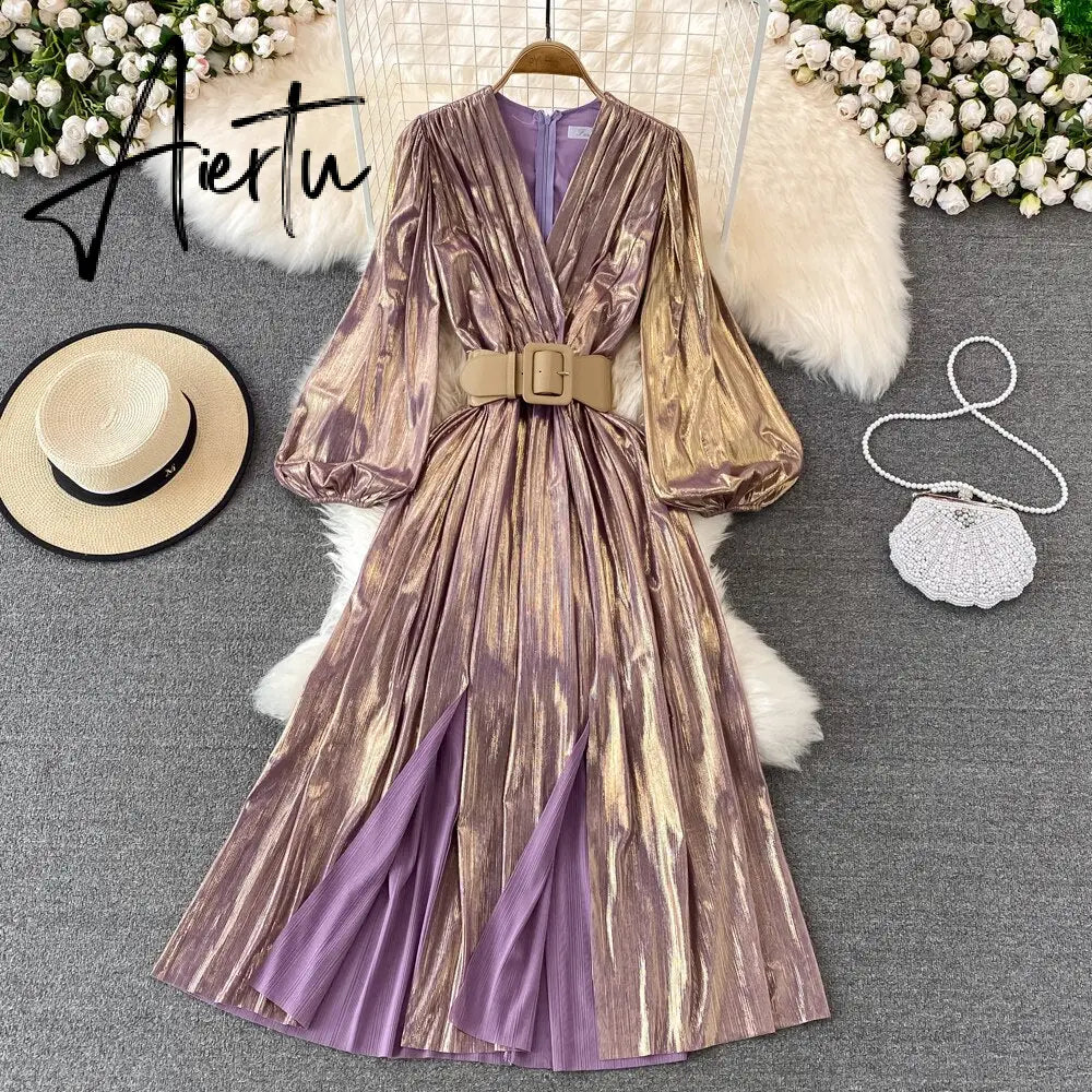 Spring New Women French Loose Midi Dress With Belt Elegant Long Sleeve A-line Lady Clothes  Autumn Female Birthday Party Robe Aiertu