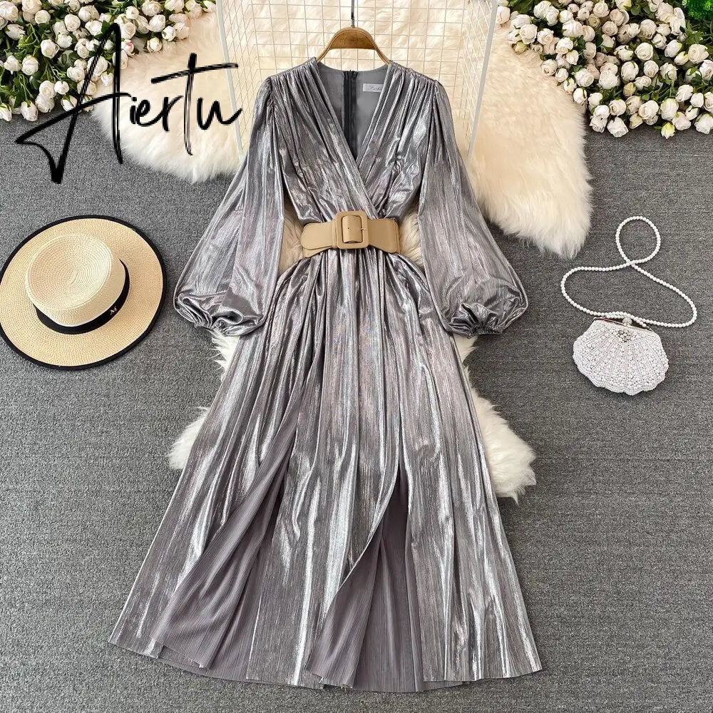 Spring New Women French Loose Midi Dress With Belt Elegant Long Sleeve A-line Lady Clothes  Autumn Female Birthday Party Robe Aiertu