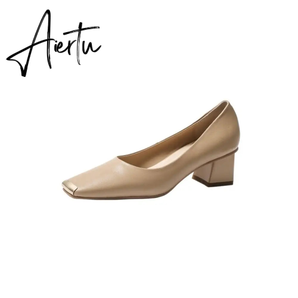 Spring New Women's Pumps Genuine Leather Square Toe Chunky Heel Fashion All-match Casual Women's Shoes Green/Apricot Aiertu