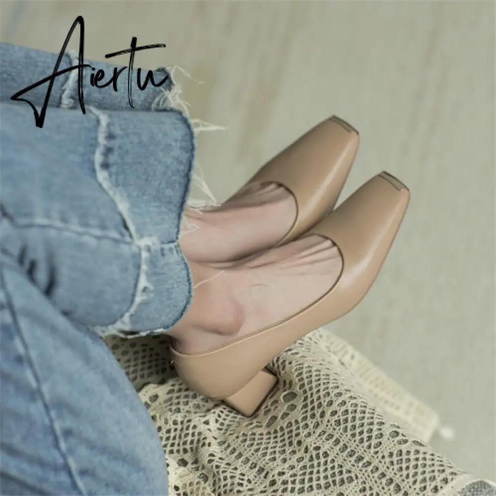 Spring New Women's Pumps Genuine Leather Square Toe Chunky Heel Fashion All-match Casual Women's Shoes Green/Apricot Aiertu