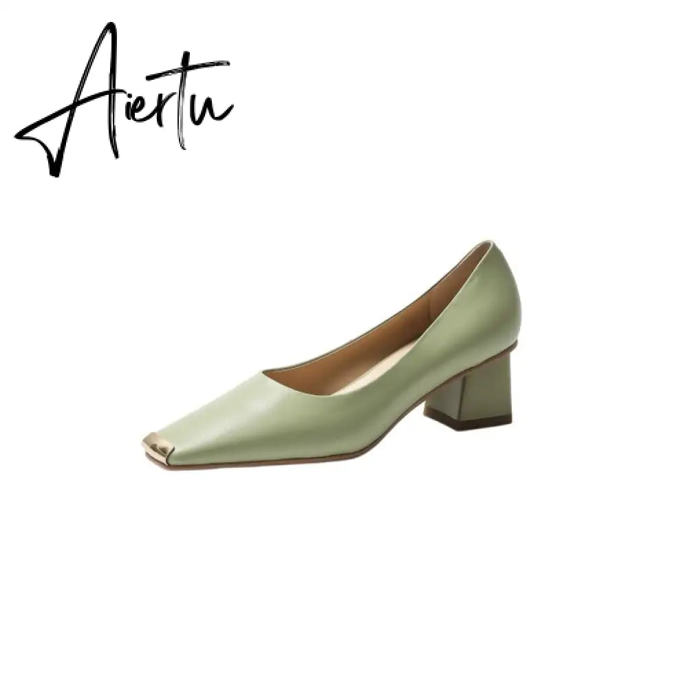 Spring New Women's Pumps Genuine Leather Square Toe Chunky Heel Fashion All-match Casual Women's Shoes Green/Apricot Aiertu