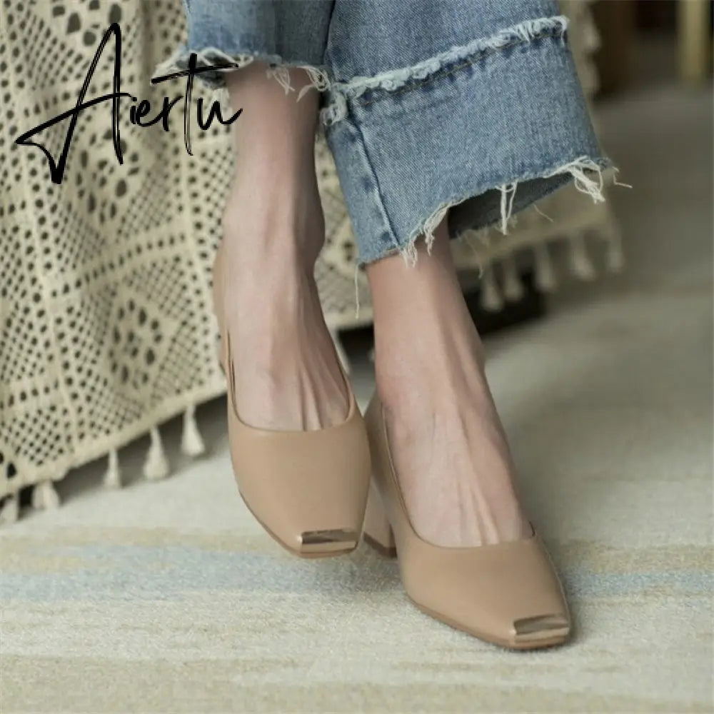 Spring New Women's Pumps Genuine Leather Square Toe Chunky Heel Fashion All-match Casual Women's Shoes Green/Apricot Aiertu