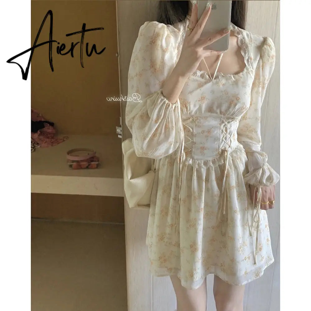 Spring Puff-sleeved Floral Dress Women's Summer Dress Slim Square Collar A Line Halterneck Midi Fairy Dress Femme Robe Bestidos  Fairy Dress Aiertu