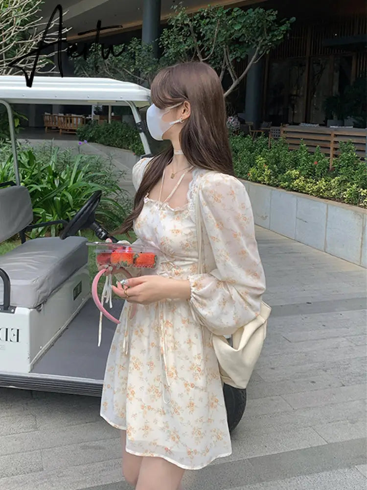 Spring Puff-sleeved Floral Dress Women's Summer Dress Slim Square Collar A Line Halterneck Midi Fairy Dress Femme Robe Bestidos  Fairy Dress Aiertu