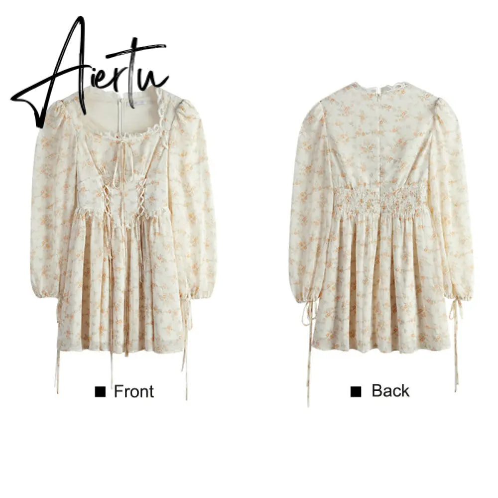 Spring Puff-sleeved Floral Dress Women's Summer Dress Slim Square Collar A Line Halterneck Midi Fairy Dress Femme Robe Bestidos  Fairy Dress Aiertu