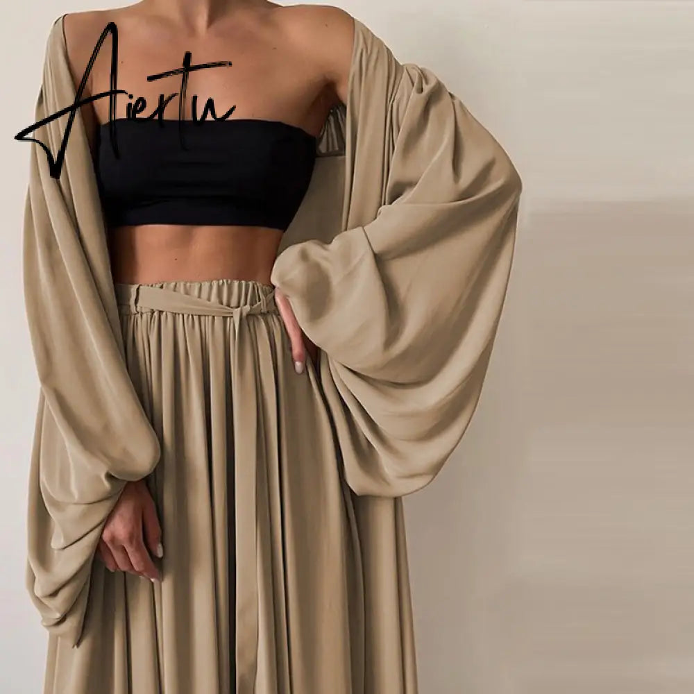 Spring Soft Women Three Piece Set Fashion Wrap Cardigan Tops And High Waist Pants Suit Female Casual Simple Tracksuits Homewear Aiertu