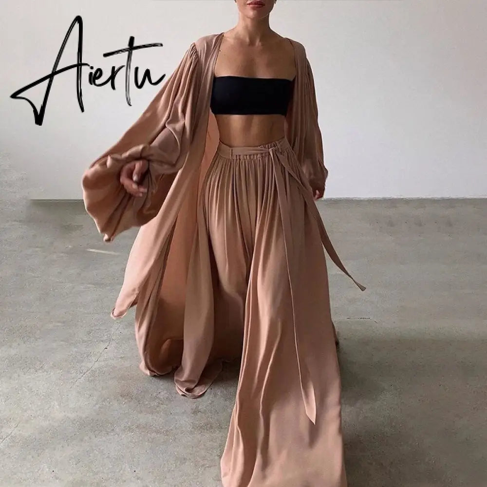 Spring Soft Women Three Piece Set Fashion Wrap Cardigan Tops And High Waist Pants Suit Female Casual Simple Tracksuits Homewear Aiertu