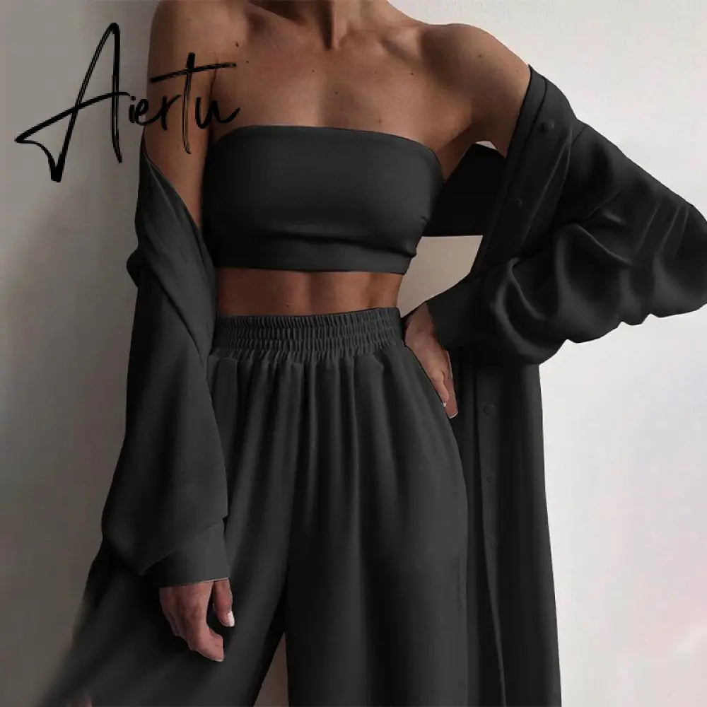 Spring Soft Women Three Piece Set Fashion Wrap Cardigan Tops And High Waist Pants Suit Female Casual Simple Tracksuits Homewear Aiertu