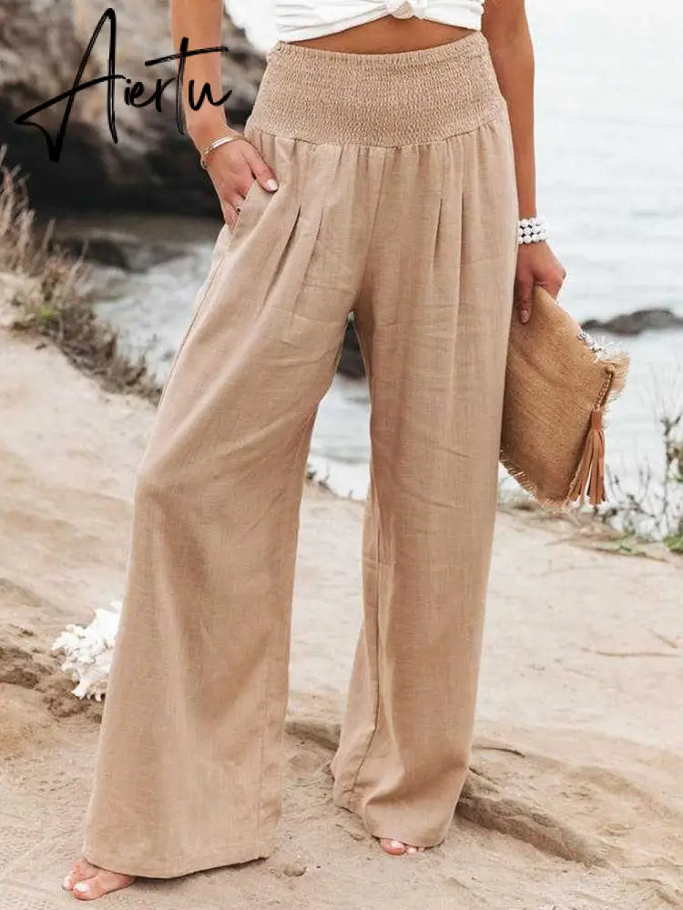 Spring Summer Cotton Linen Women Pants Pockets Solid Casual White Wide Leg Office Lady White Long Trousers Khaki Aiertu