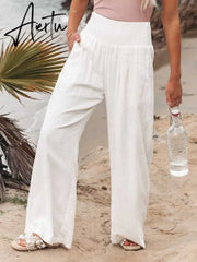 Spring Summer Cotton Linen Women Pants Pockets Solid Casual White Wide Leg Office Lady White Long Trousers Khaki Aiertu