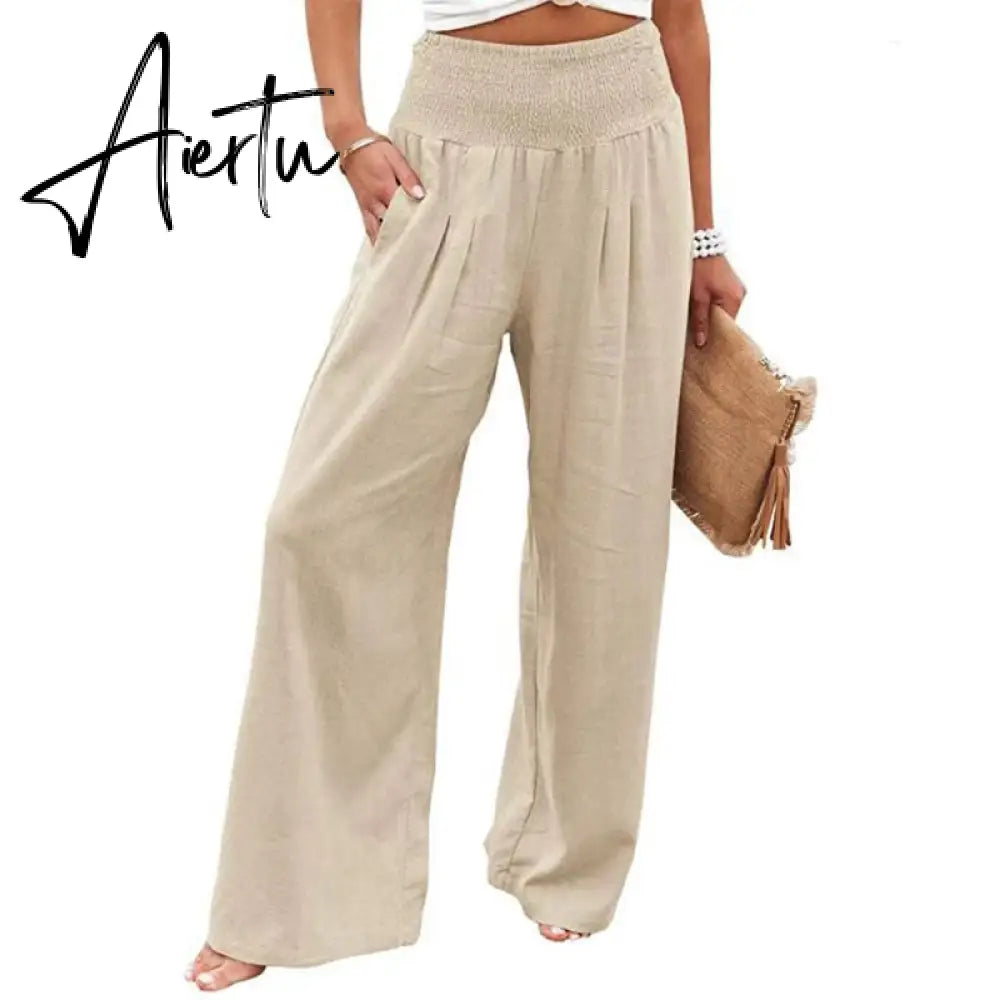 Spring Summer Cotton Linen Women Pants Pockets Solid Casual White Wide Leg Office Lady White Long Trousers Khaki Aiertu