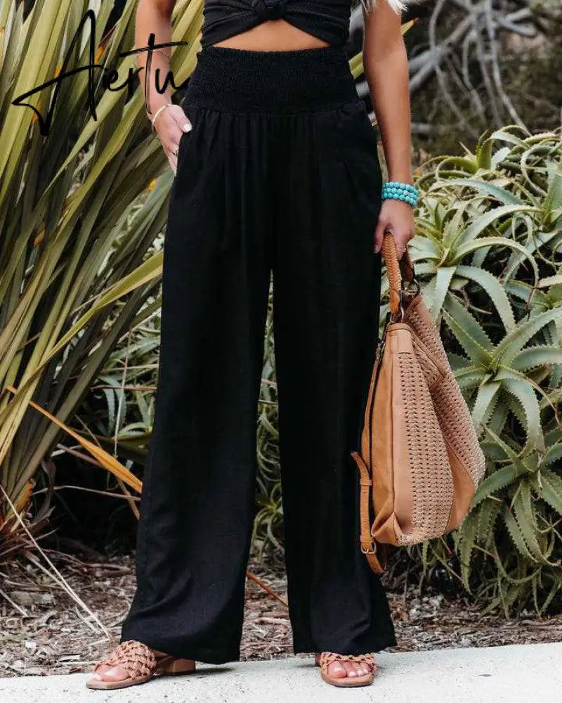Spring Summer Cotton Linen Women Pants Pockets Solid Casual White Wide Leg Office Lady White Long Trousers Khaki Aiertu