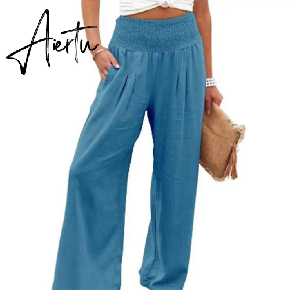 Spring Summer Cotton Linen Women Pants Pockets Solid Casual White Wide Leg Office Lady White Long Trousers Khaki Aiertu
