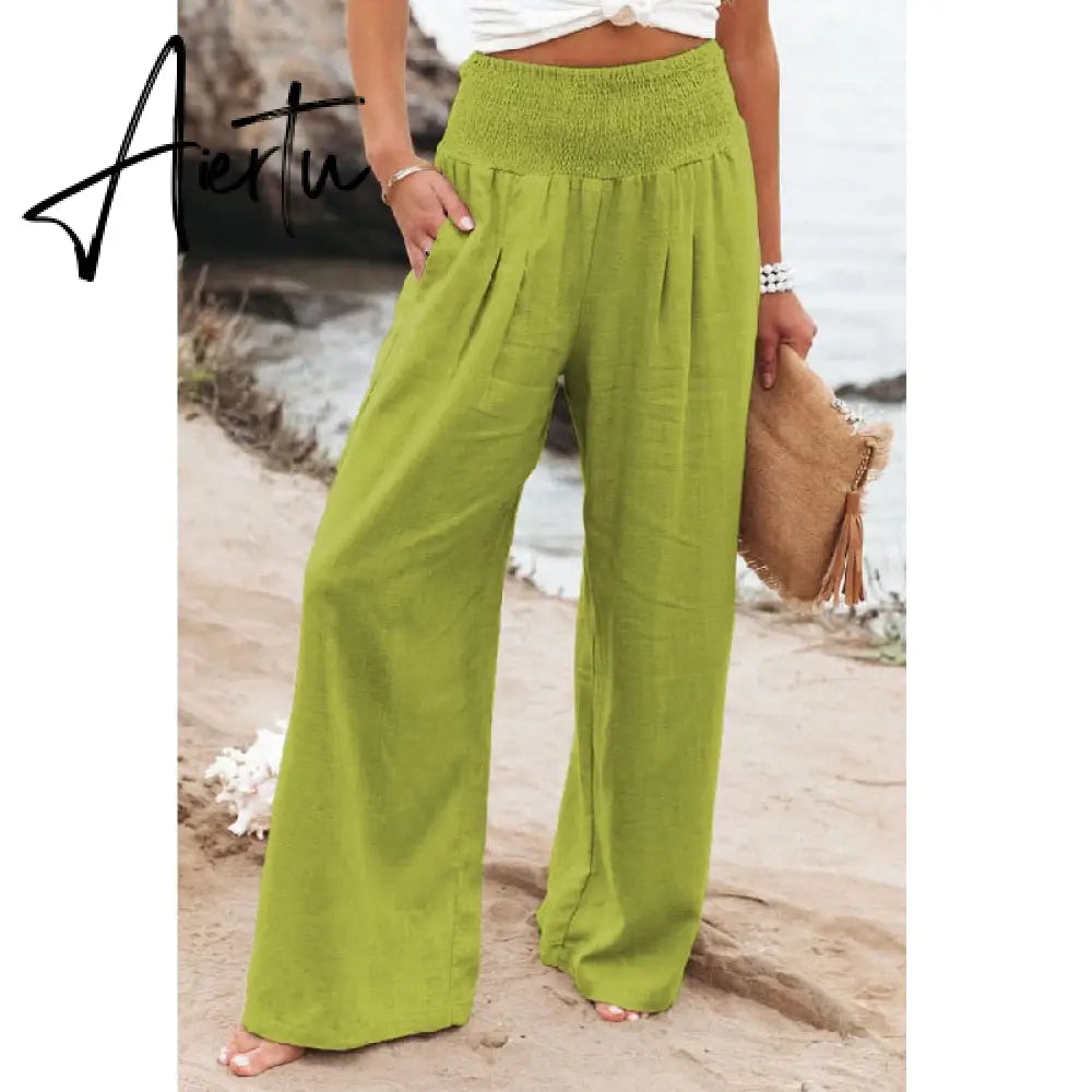 Spring Summer Cotton Linen Women Pants Pockets Solid Casual White Wide Leg Office Lady White Long Trousers Khaki Aiertu