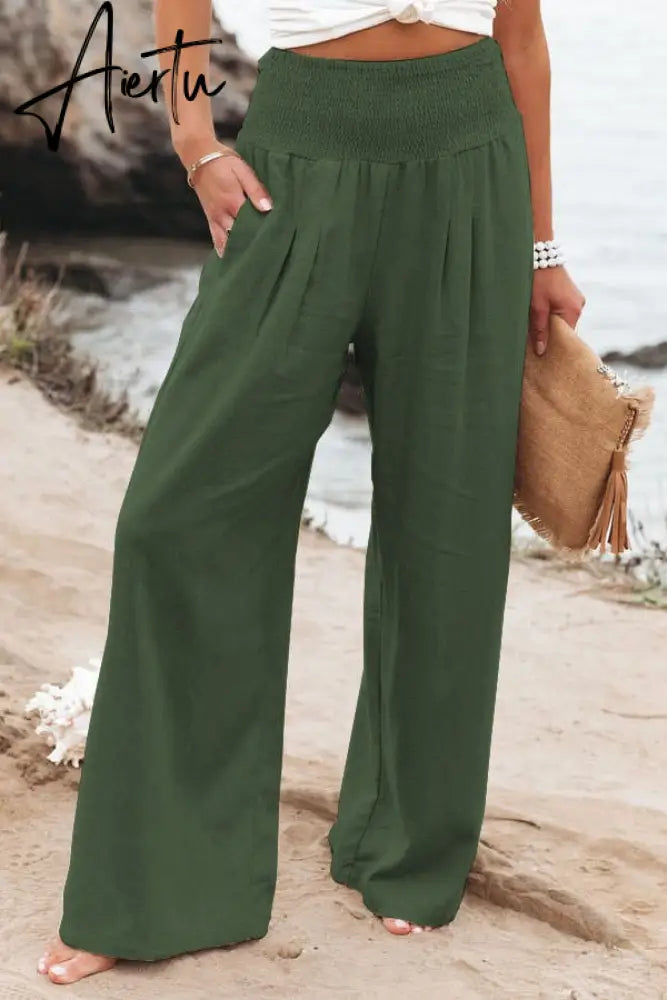 Spring Summer Cotton Linen Women Pants Pockets Solid Casual White Wide Leg Office Lady White Long Trousers Khaki Aiertu