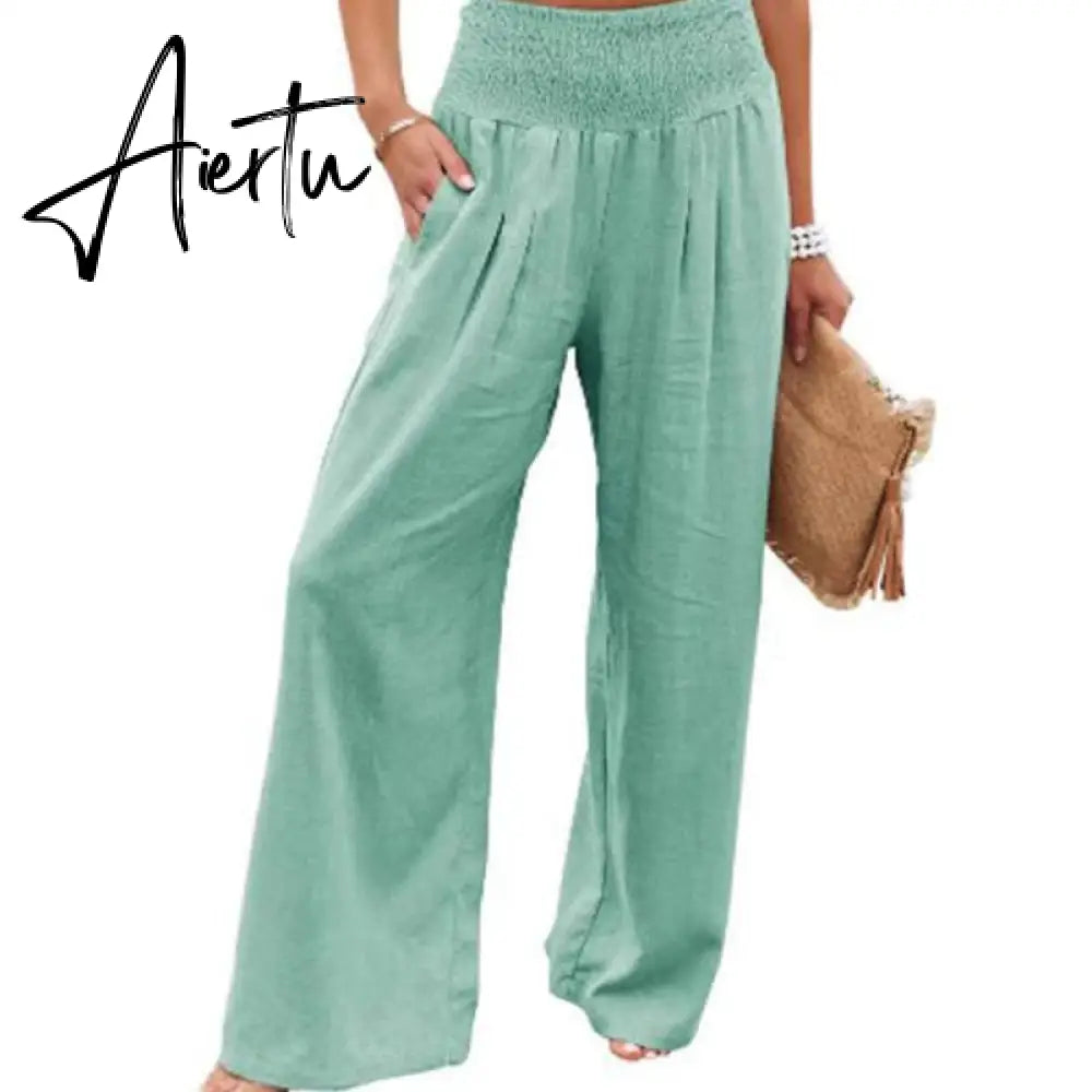 Spring Summer Cotton Linen Women Pants Pockets Solid Casual White Wide Leg Office Lady White Long Trousers Khaki Aiertu