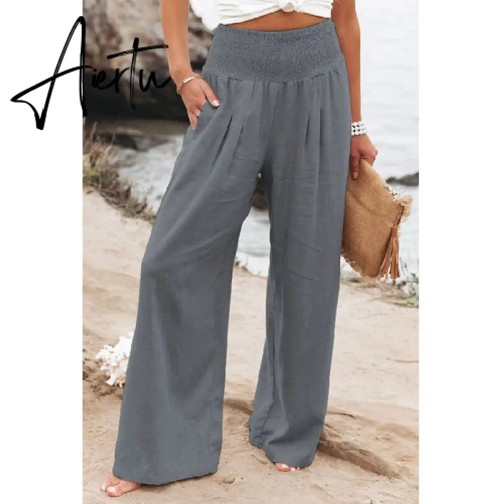 Spring Summer Cotton Linen Women Pants Pockets Solid Casual White Wide Leg Office Lady White Long Trousers Khaki Aiertu