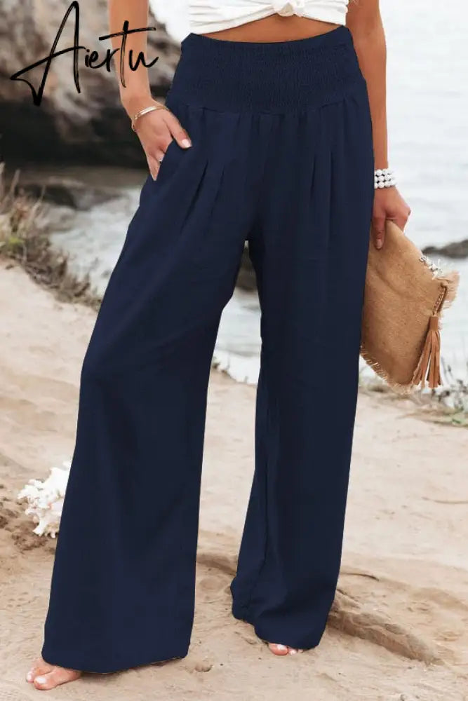 Spring Summer Cotton Linen Women Pants Pockets Solid Casual White Wide Leg Office Lady White Long Trousers Khaki Aiertu