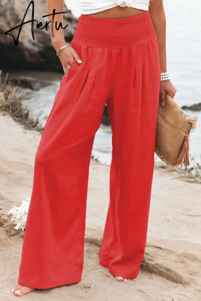 Spring Summer Cotton Linen Women Pants Pockets Solid Casual White Wide Leg Office Lady White Long Trousers Khaki Aiertu