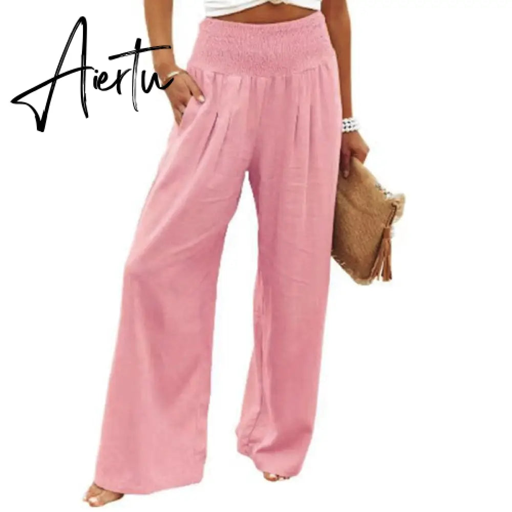 Spring Summer Cotton Linen Women Pants Pockets Solid Casual White Wide Leg Office Lady White Long Trousers Khaki Aiertu