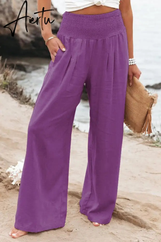 Spring Summer Cotton Linen Women Pants Pockets Solid Casual White Wide Leg Office Lady White Long Trousers Khaki Aiertu