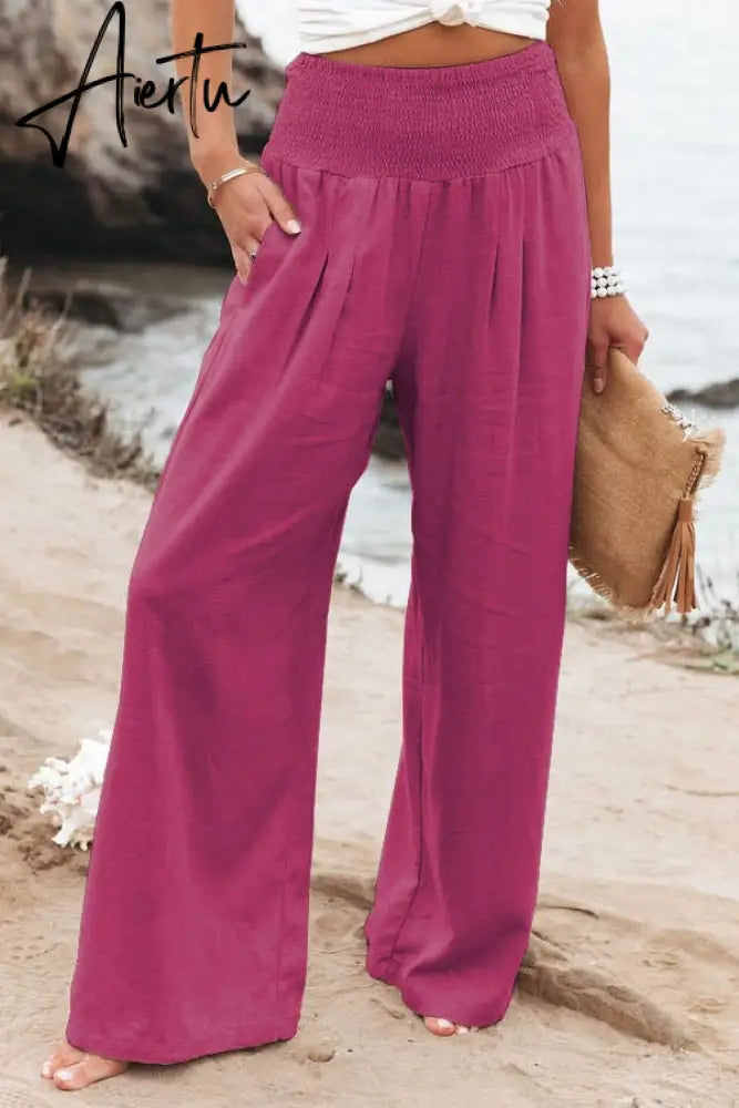 Spring Summer Cotton Linen Women Pants Pockets Solid Casual White Wide Leg Office Lady White Long Trousers Khaki Aiertu