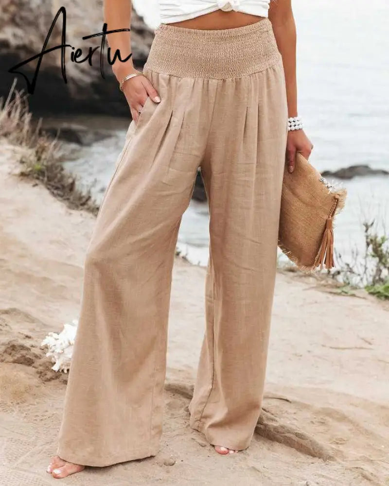Spring Summer Cotton Linen Women Pants Pockets Solid Casual White Wide Leg Office Lady White Long Trousers Khaki Aiertu