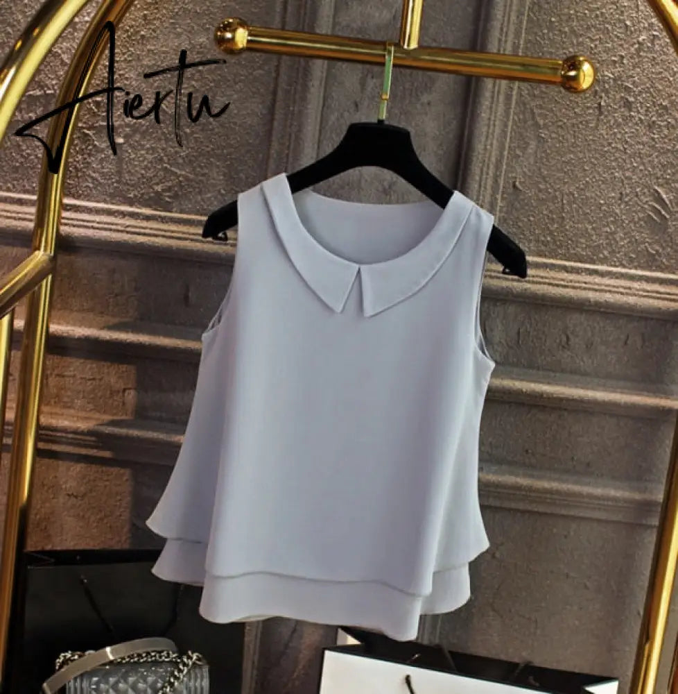 spring Summer Women Chiffon Blouses Shirt Women tops Sexy Blouses Beach holiday sleeveless round neck Shirt Blouse Aiertu