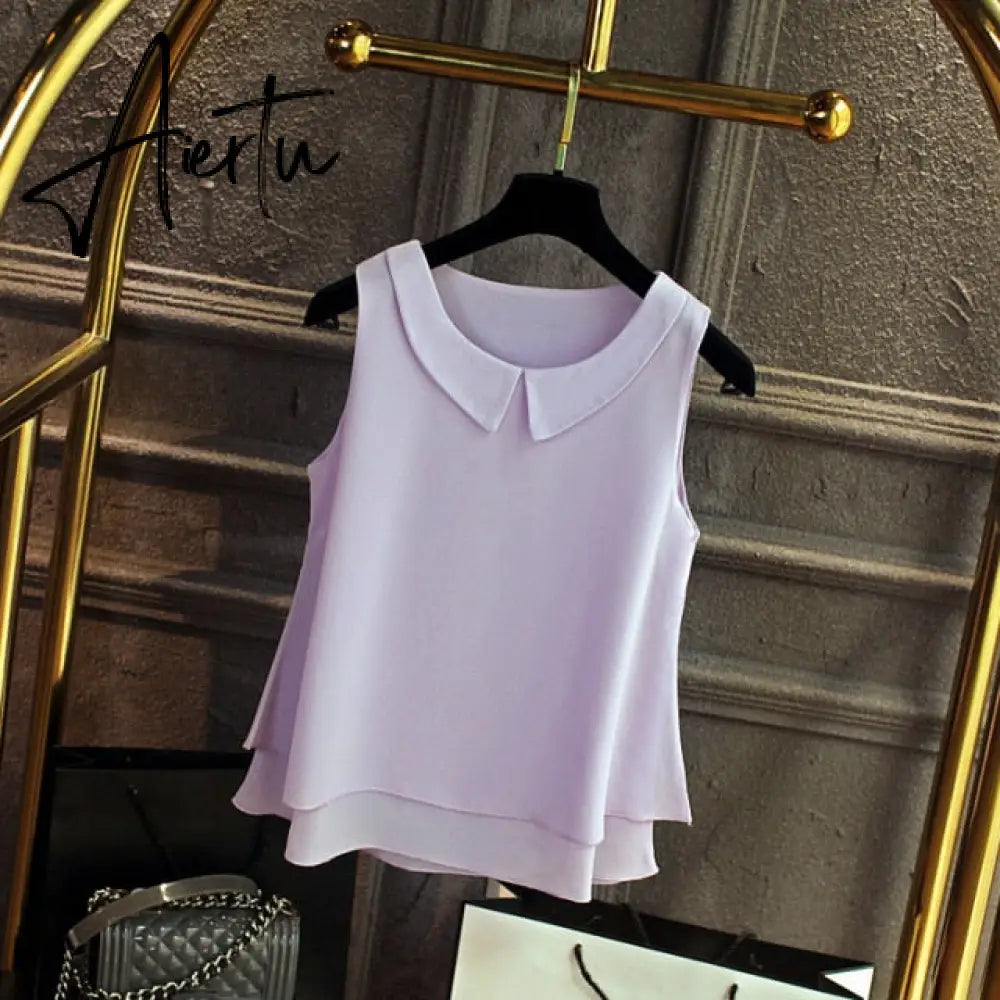 spring Summer Women Chiffon Blouses Shirt Women tops Sexy Blouses Beach holiday sleeveless round neck Shirt Blouse Aiertu