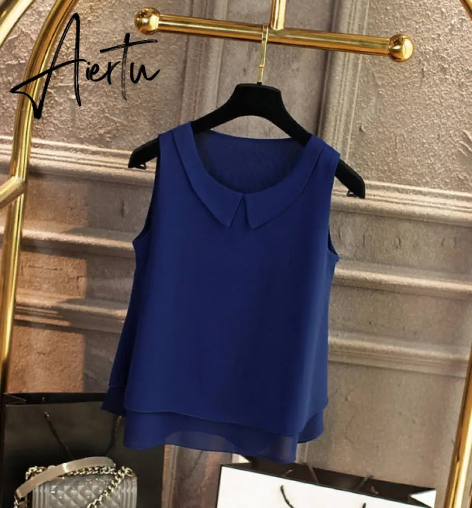 spring Summer Women Chiffon Blouses Shirt Women tops Sexy Blouses Beach holiday sleeveless round neck Shirt Blouse Aiertu