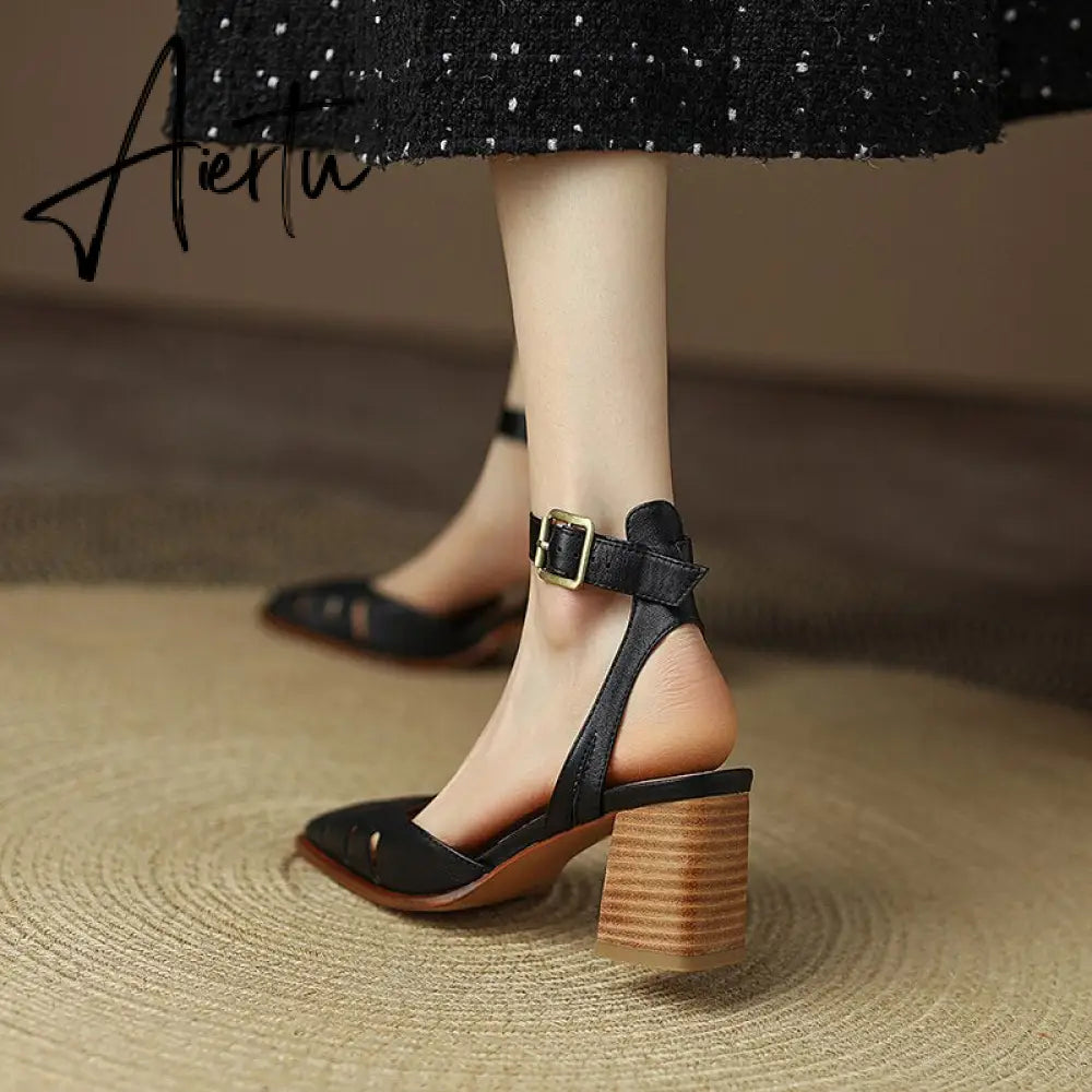 Spring/Summer Women Shoes Cow Leather Shoes Women Covered Toe Chunky Heel Sandals High Heels Shoes for Women Women Sandals Aiertu