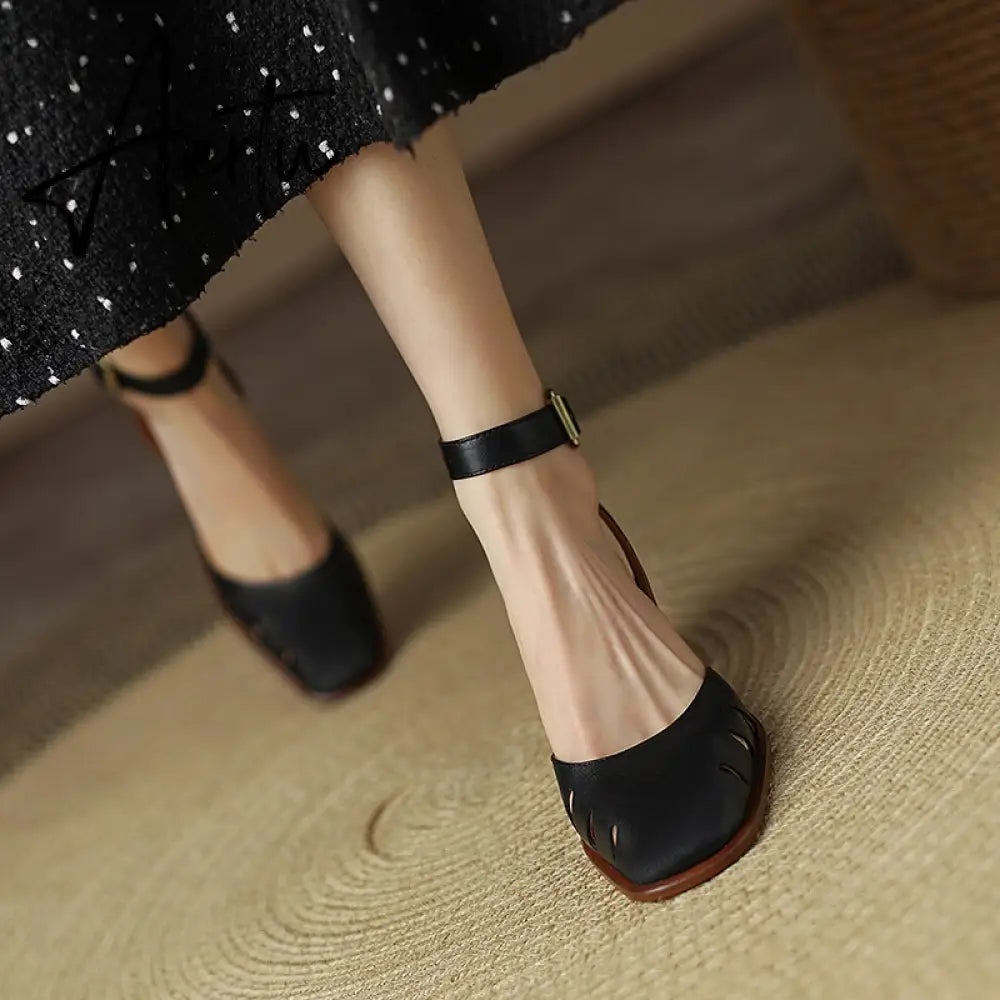 Spring/Summer Women Shoes Cow Leather Shoes Women Covered Toe Chunky Heel Sandals High Heels Shoes for Women Women Sandals Aiertu