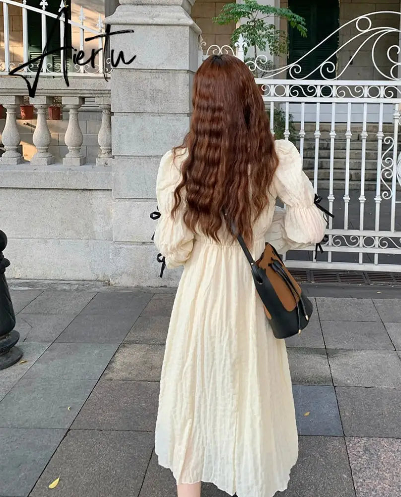 Spring  Women Chic Puff Sleeve Cute Solid Fairy Dress Elegant  High Waist Princess Summer A-Line Long Dress Femme Robe Holiday Aiertu