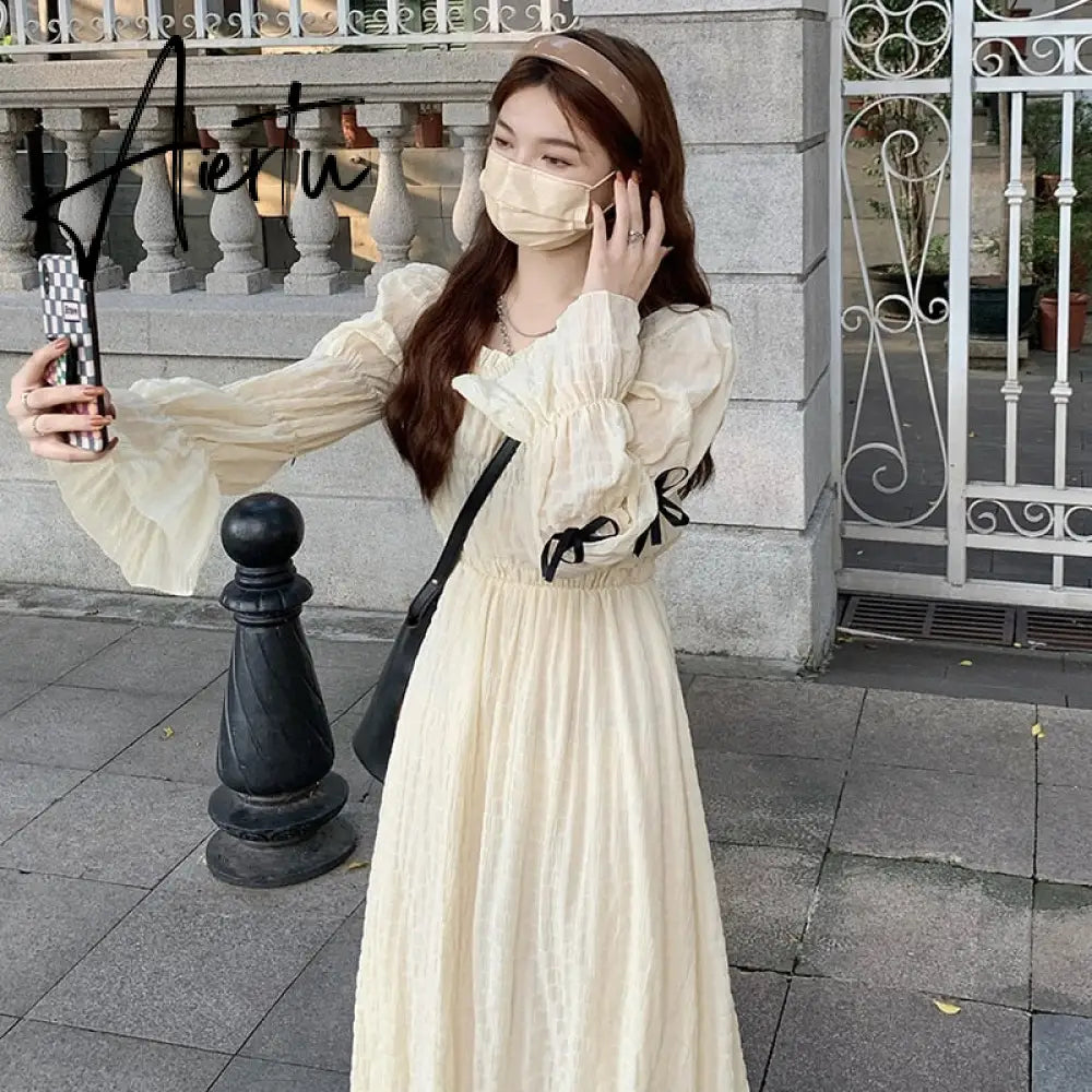 Spring  Women Chic Puff Sleeve Cute Solid Fairy Dress Elegant  High Waist Princess Summer A-Line Long Dress Femme Robe Holiday Aiertu