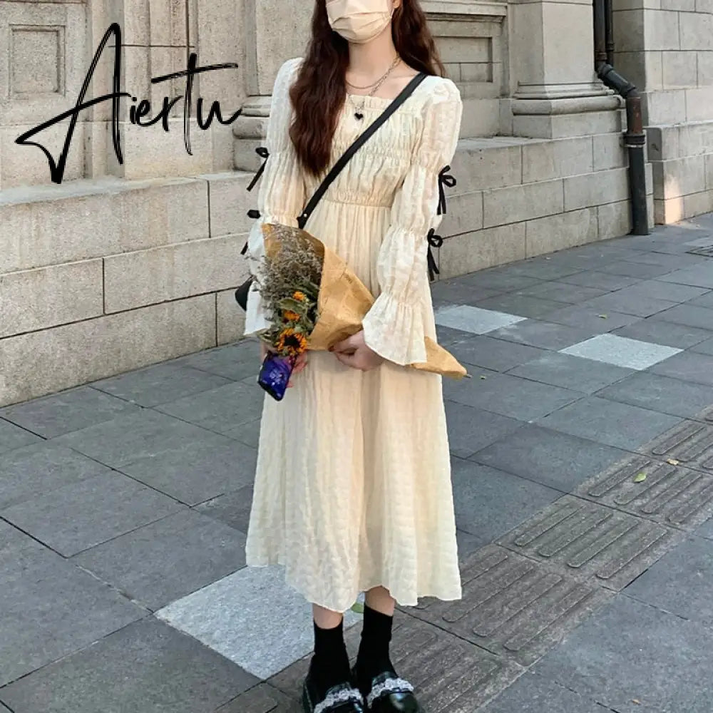 Spring  Women Chic Puff Sleeve Cute Solid Fairy Dress Elegant  High Waist Princess Summer A-Line Long Dress Femme Robe Holiday Aiertu