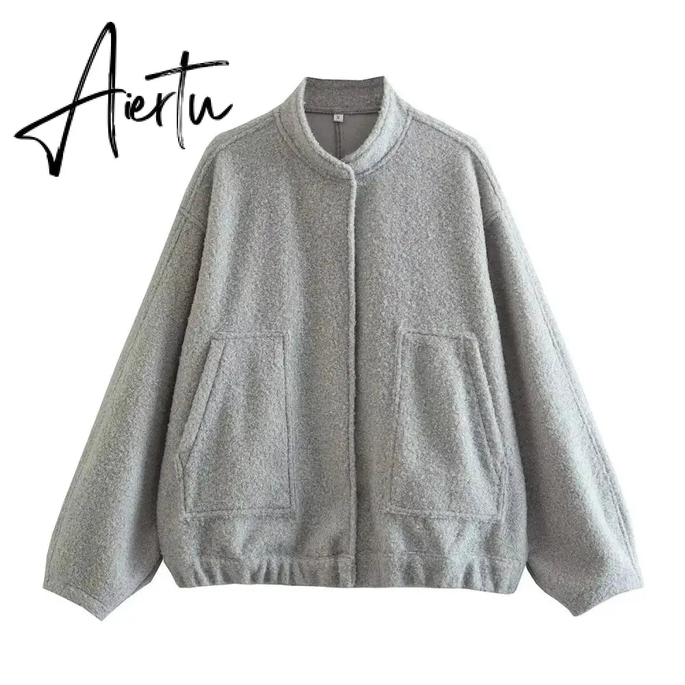 Spring Women's Bombers Jackets Grey Outwear With Button Solid Long Sleeve Top Oversized Coat Casual Loose Warm Female Aiertu