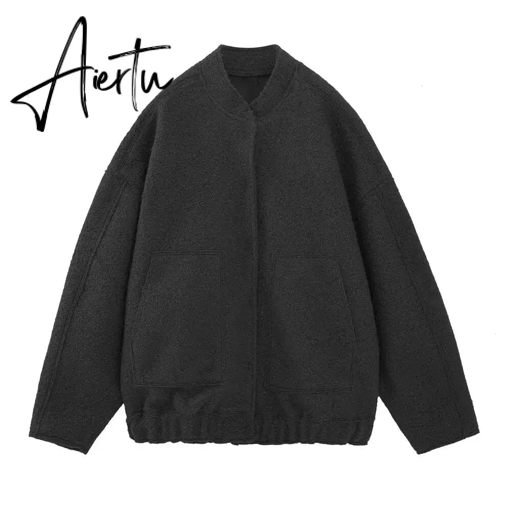 Spring Women's Bombers Jackets Grey Outwear With Button Solid Long Sleeve Top Oversized Coat Casual Loose Warm Female Aiertu