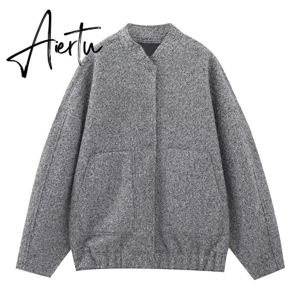 Spring Women's Bombers Jackets Grey Outwear With Button Solid Long Sleeve Top Oversized Coat Casual Loose Warm Female Aiertu