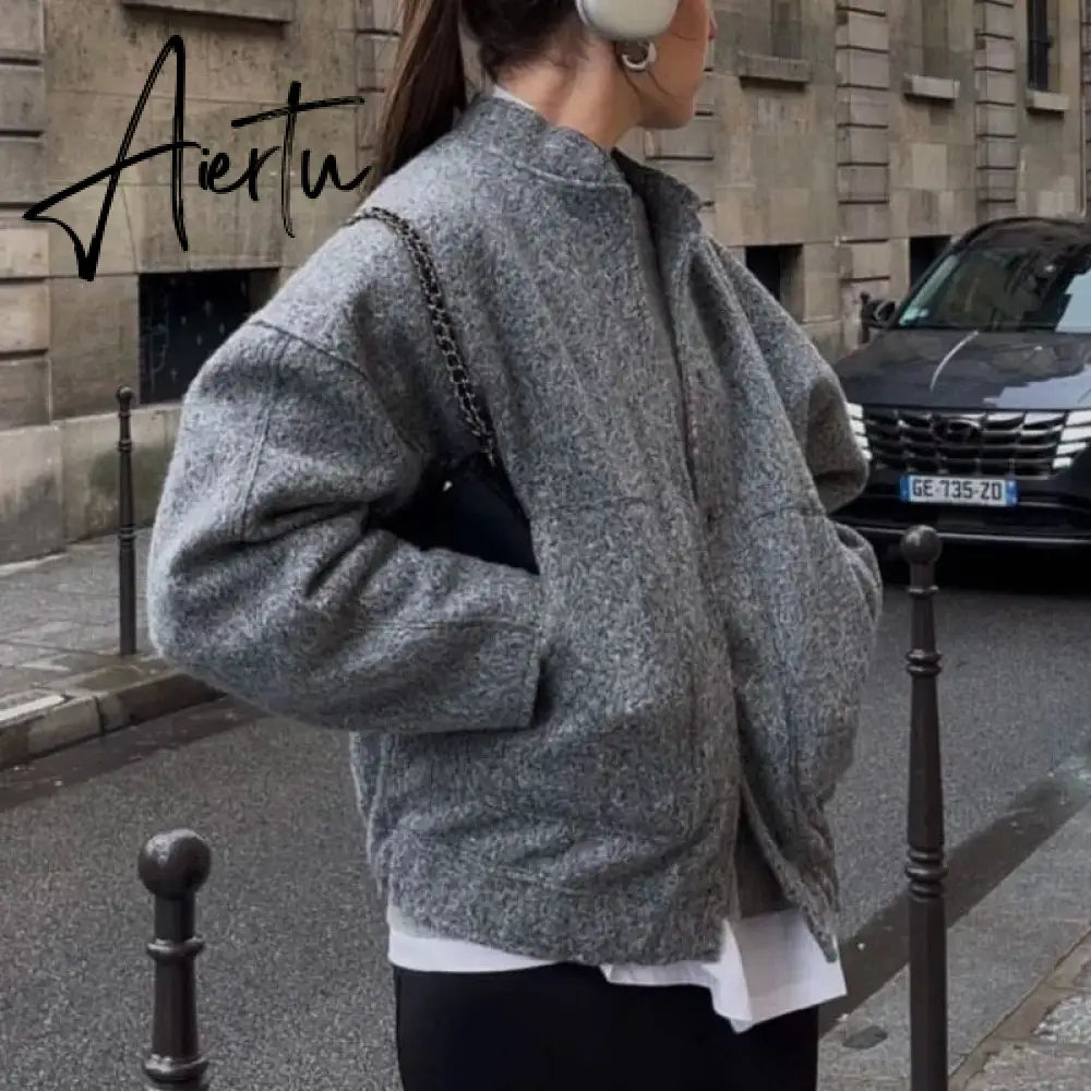 Spring Women's Bombers Jackets Grey Outwear With Button Solid Long Sleeve Top Oversized Coat Casual Loose Warm Female Aiertu