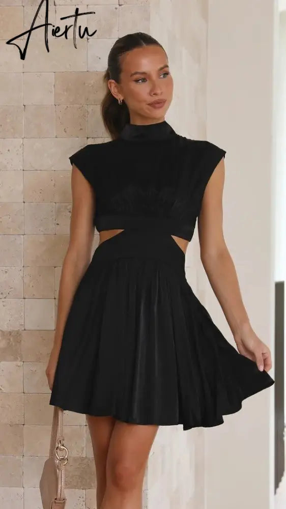 Stand Collar Waist Cut Out Women Summer Midi Dress Green Sleeveless A-line Holiday Beach Solid Vestidos Party New Robe Aiertu