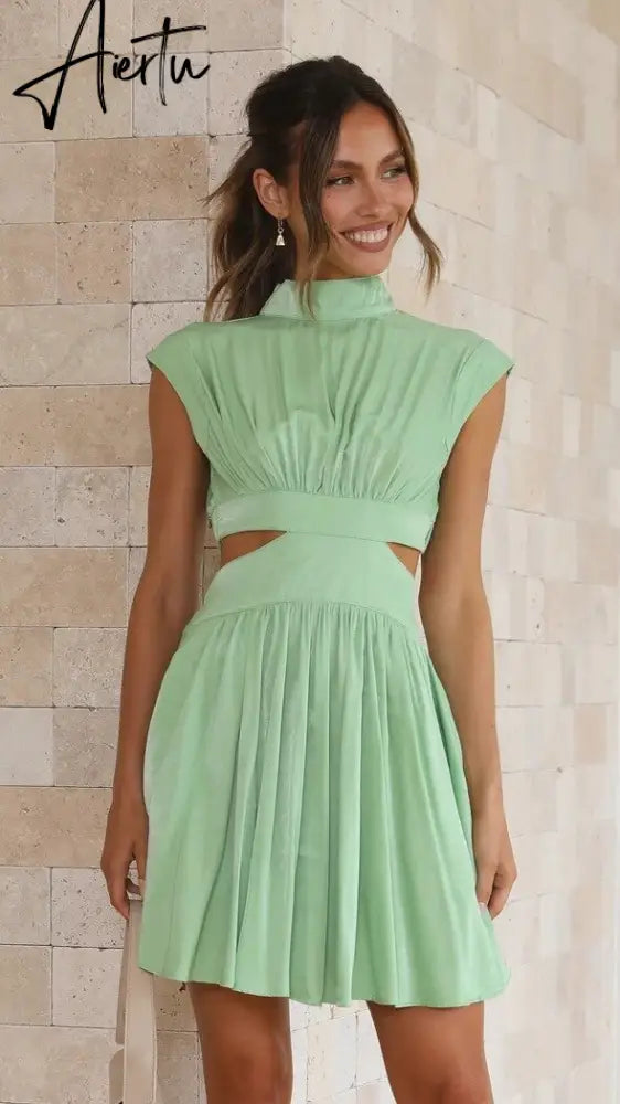 Stand Collar Waist Cut Out Women Summer Midi Dress Green Sleeveless A-line Holiday Beach Solid Vestidos Party New Robe Aiertu