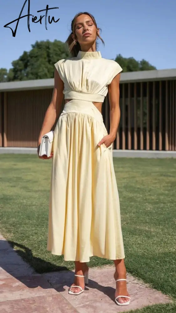 Stand Collar Waist Cut Out Women Summer Midi Dress Green Sleeveless A-line Holiday Beach Solid Vestidos Party New Robe Aiertu