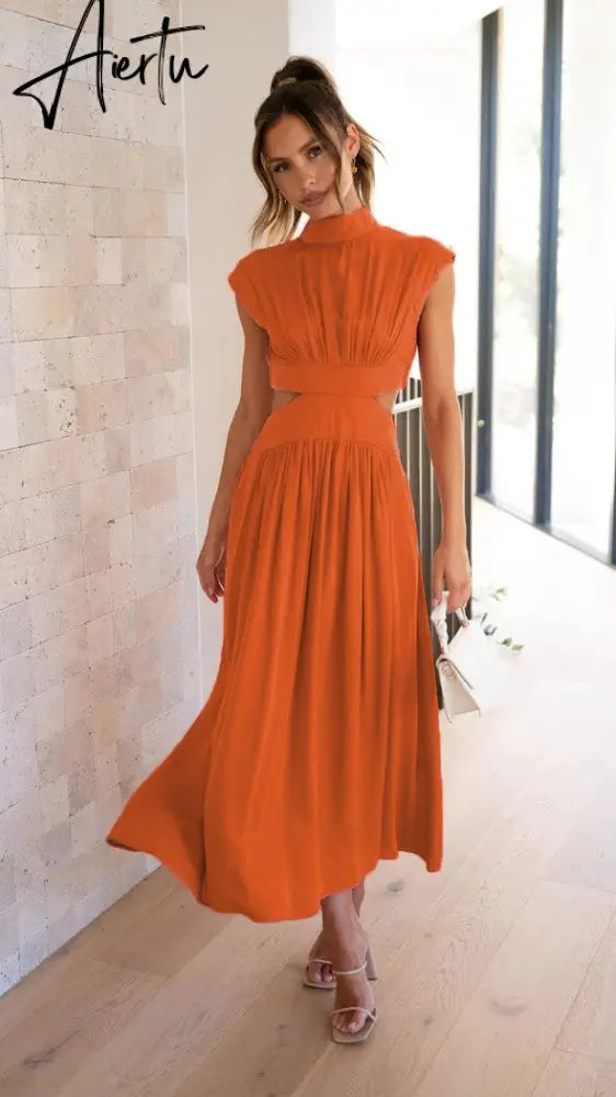 Stand Collar Waist Cut Out Women Summer Midi Dress Green Sleeveless A-line Holiday Beach Solid Vestidos Party New Robe Aiertu
