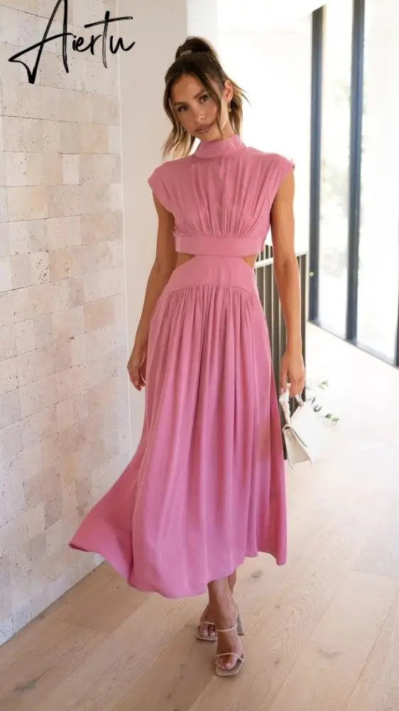 Stand Collar Waist Cut Out Women Summer Midi Dress Green Sleeveless A-line Holiday Beach Solid Vestidos Party New Robe Aiertu