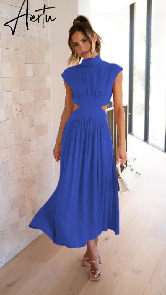 Stand Collar Waist Cut Out Women Summer Midi Dress Green Sleeveless A-line Holiday Beach Solid Vestidos Party New Robe Aiertu