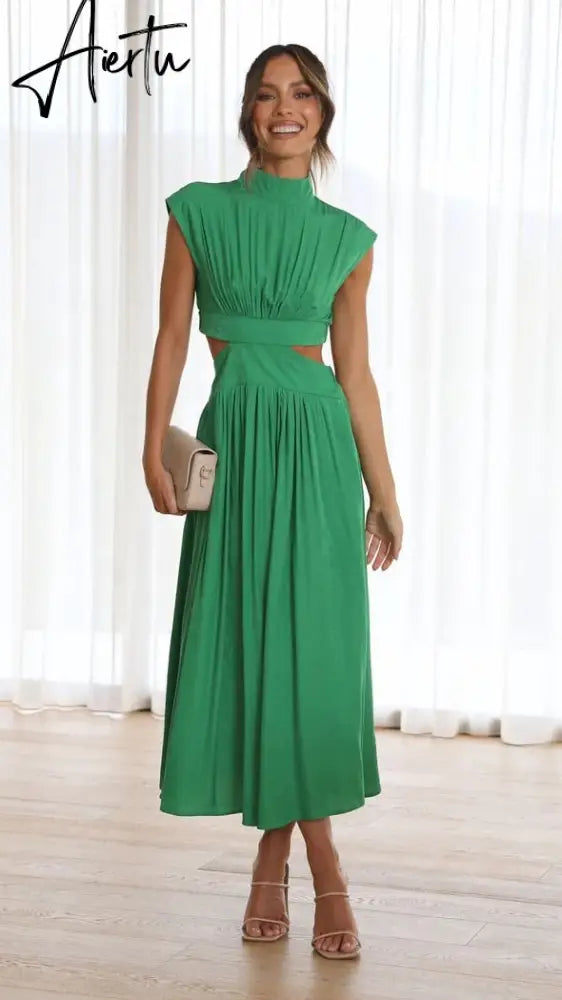 Stand Collar Waist Cut Out Women Summer Midi Dress Green Sleeveless A-line Holiday Beach Solid Vestidos Party New Robe Aiertu