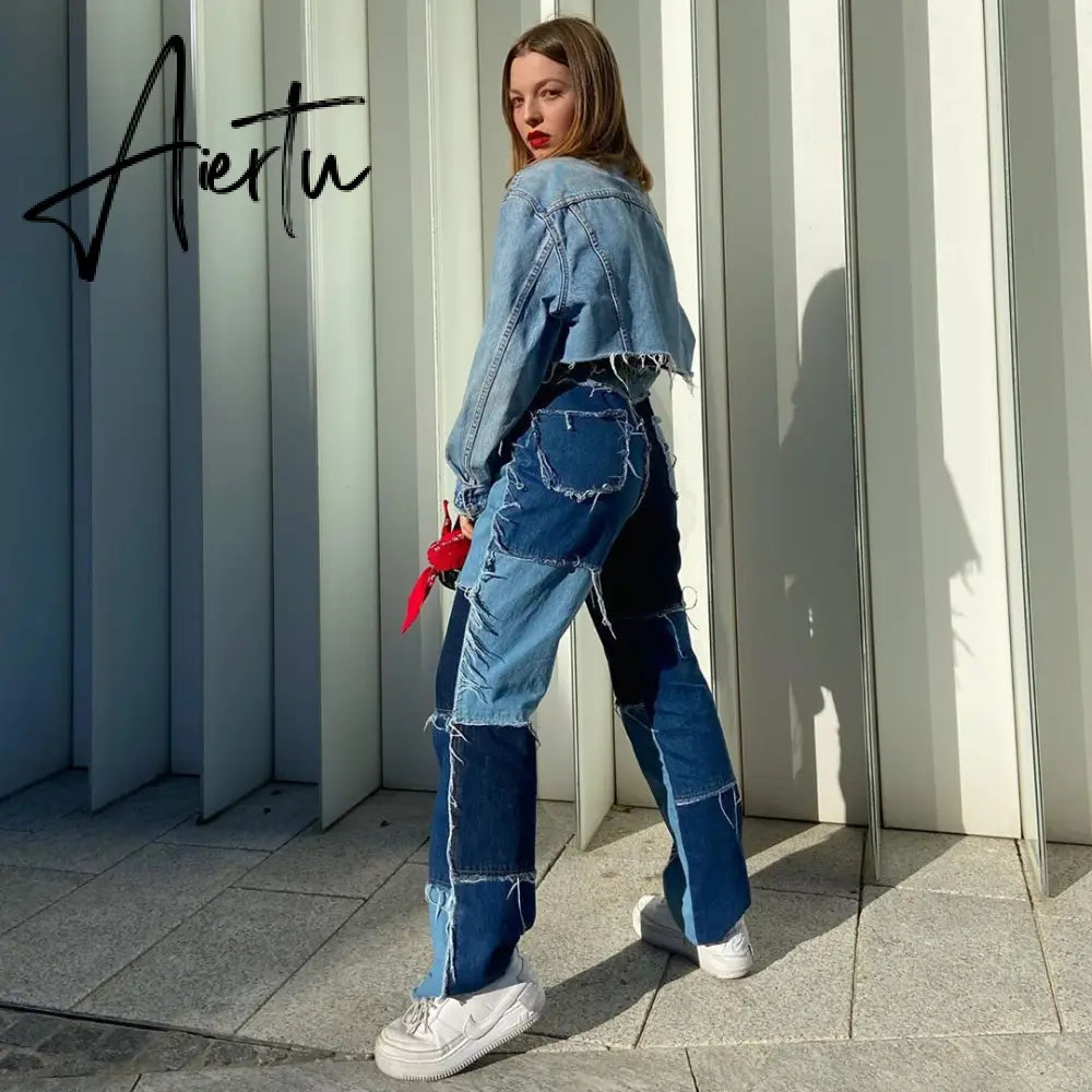 Stitching pants High waist color sweet light mature straight leg jeans summer women  slim slim summer youth sunshine Aiertu
