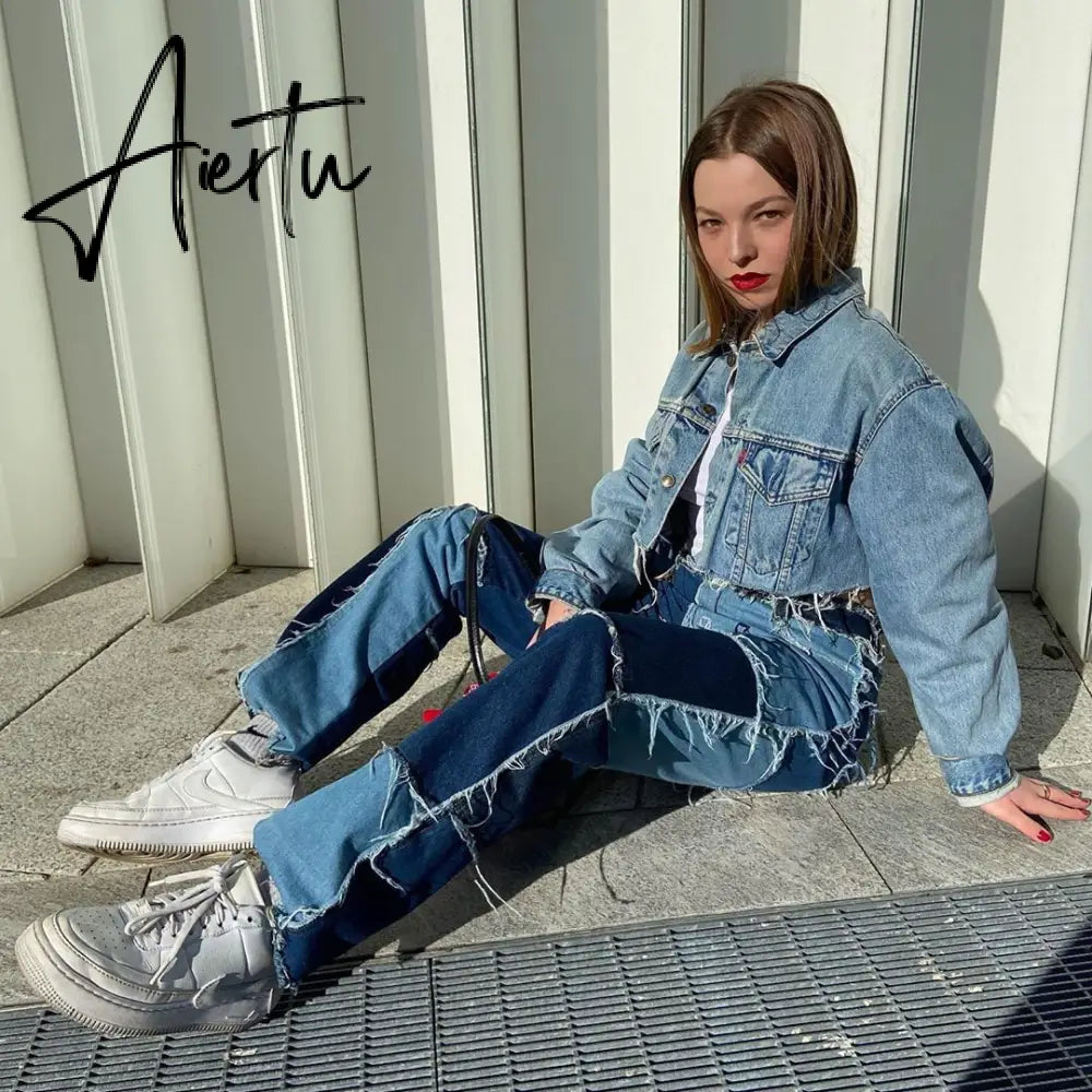 Stitching pants High waist color sweet light mature straight leg jeans summer women  slim slim summer youth sunshine Aiertu