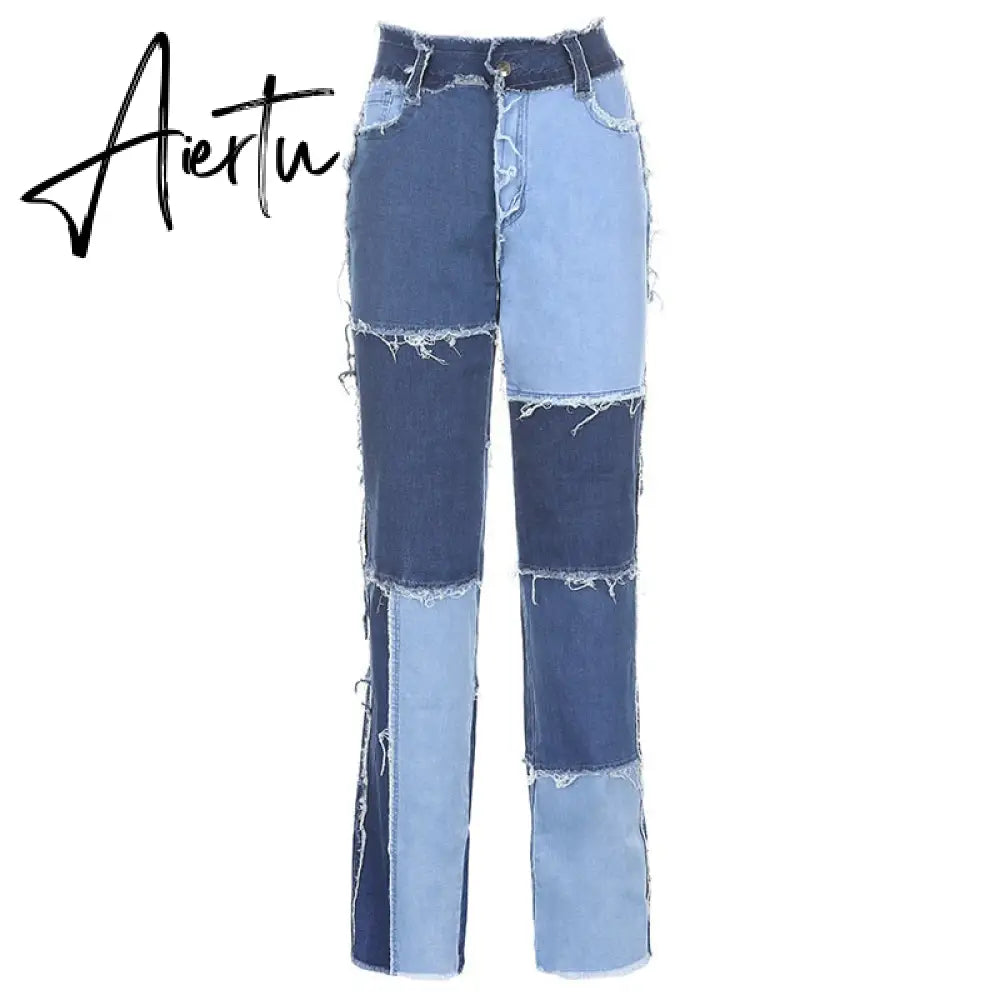 Stitching pants High waist color sweet light mature straight leg jeans summer women  slim slim summer youth sunshine Aiertu